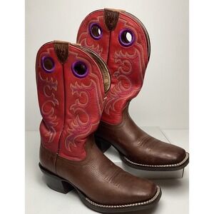 Ariat Buckaroo Cowgirl Leather Boots 16845 Red Brown Square Toe  Sz 8B Pre-Loved